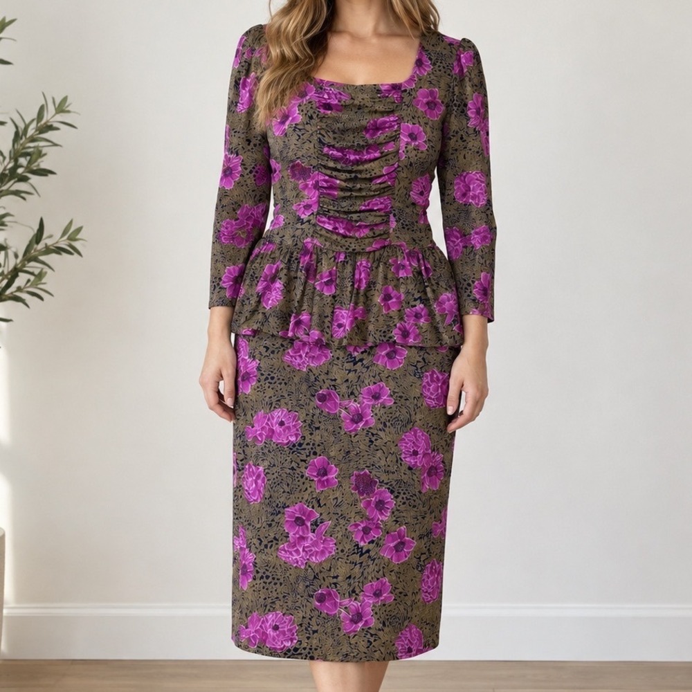 Vintage Purple Floral Peplum Midi Dress Ruched 80s cottage prairie tea formal